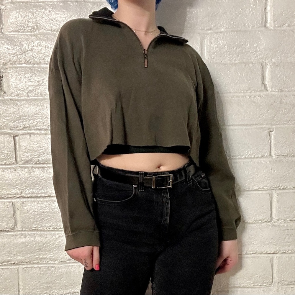 Olive Green Women's Cropped Quarter Zip-Up Top